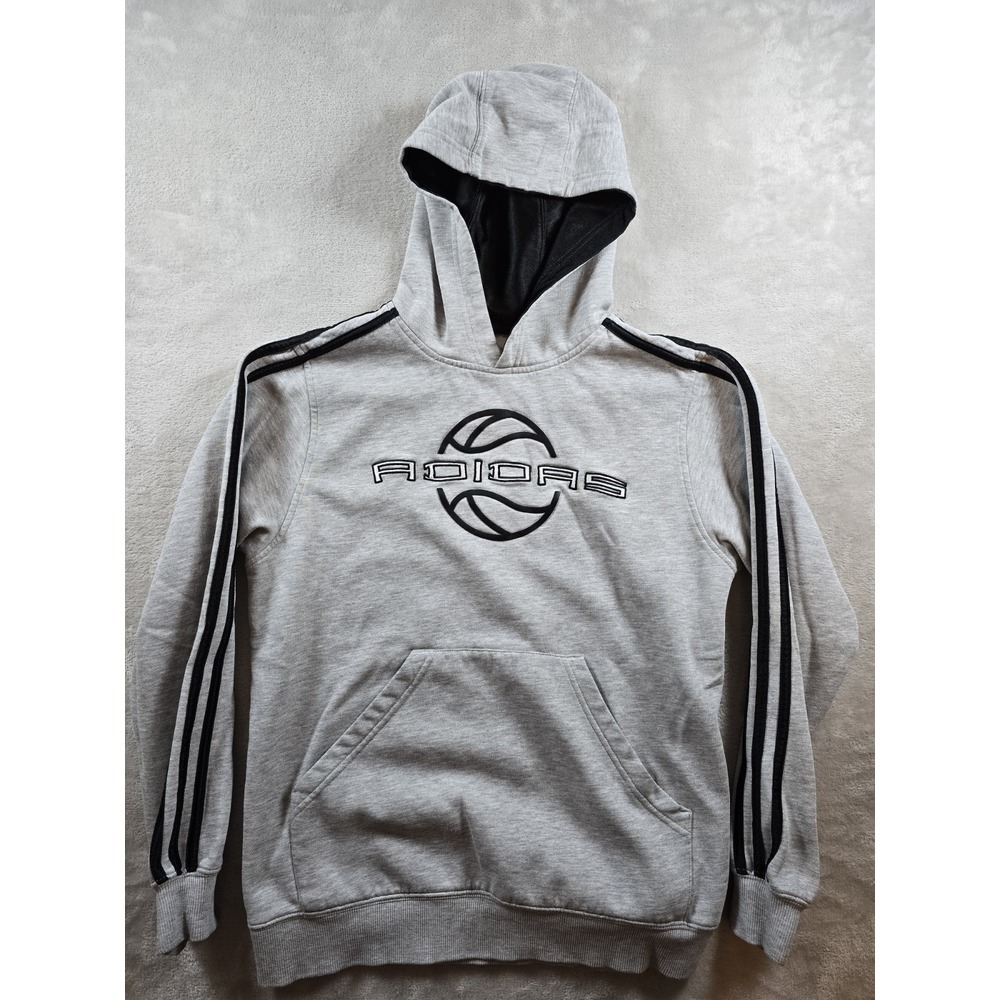 Vintage Adidas Basketball Youth Large Hoodie Sweatshirt Spell Out Gray Hooded